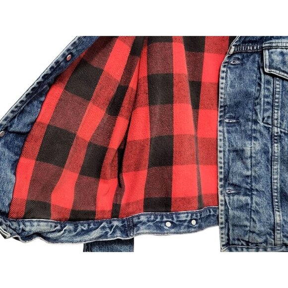 Vintage GAP 90s Denim Trucker Jacket Buffalo Plaid Blanket Lined - Picture 7 of 16